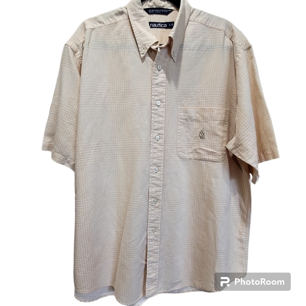 Nautica Men's Large Tan Cream Linen Cotten Blend Short Sleeve Work Shirt